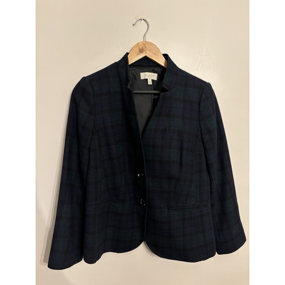 Talbots Women's Tartan Navy Green‎ Plaid Wool Blend Blazer Pockets Size 10P $199